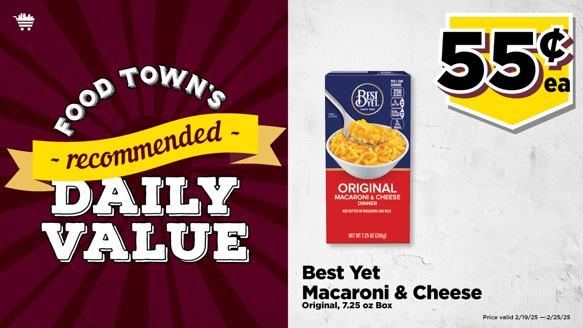YourFoodTown's tweet photo. It's your Food Town RDV – Best Yet Macaroni &amp; Cheese, Original 7.25 oz. Box, 55¢ ea.
(through 2/25/25) #rdv #save #everydayvalues #foodtownhouston https://t.co/Py2xQwq4V1