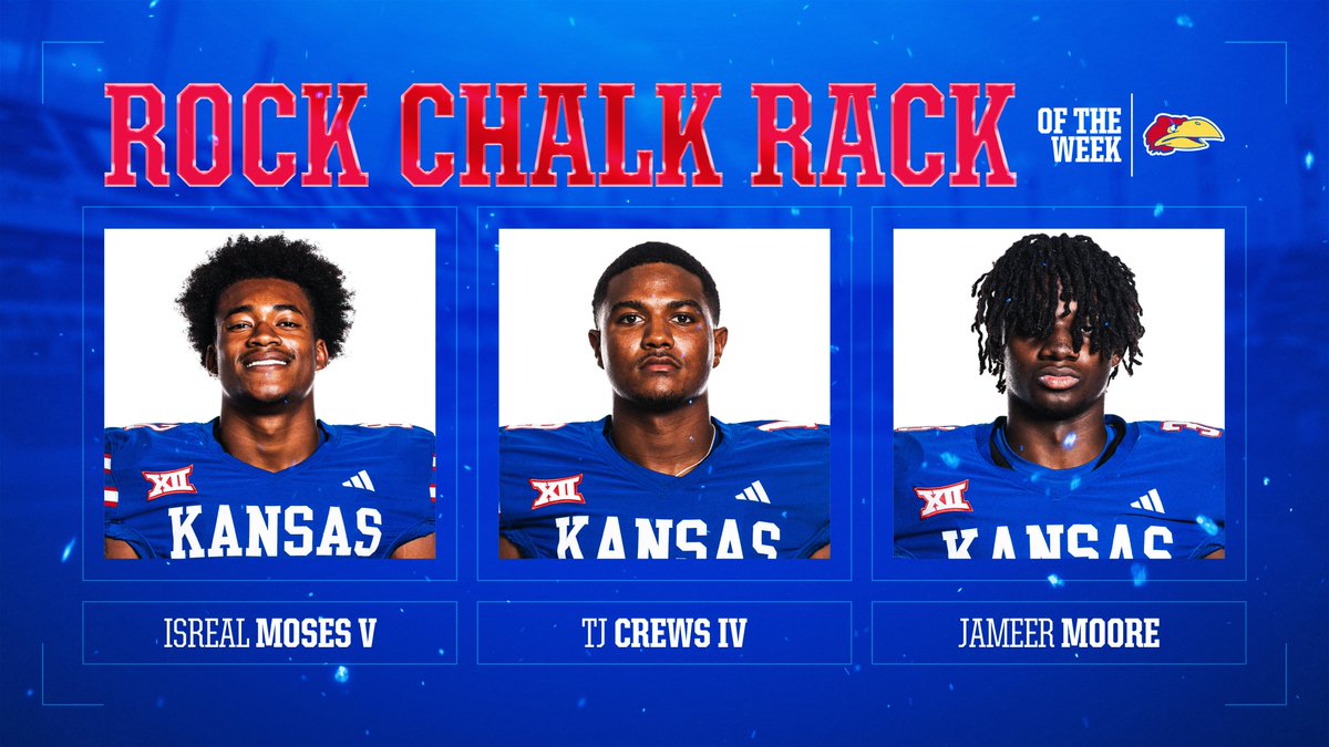 Rock Chalk Rack of the Week 🔴🔵

<a href="/IsrealMoses_/">Isreal “Izzy” Moses V</a> 
<a href="/Crews4Tj/">TJ Crews IV</a> 
<a href="/jameer_moore/">Jameer Moore</a>