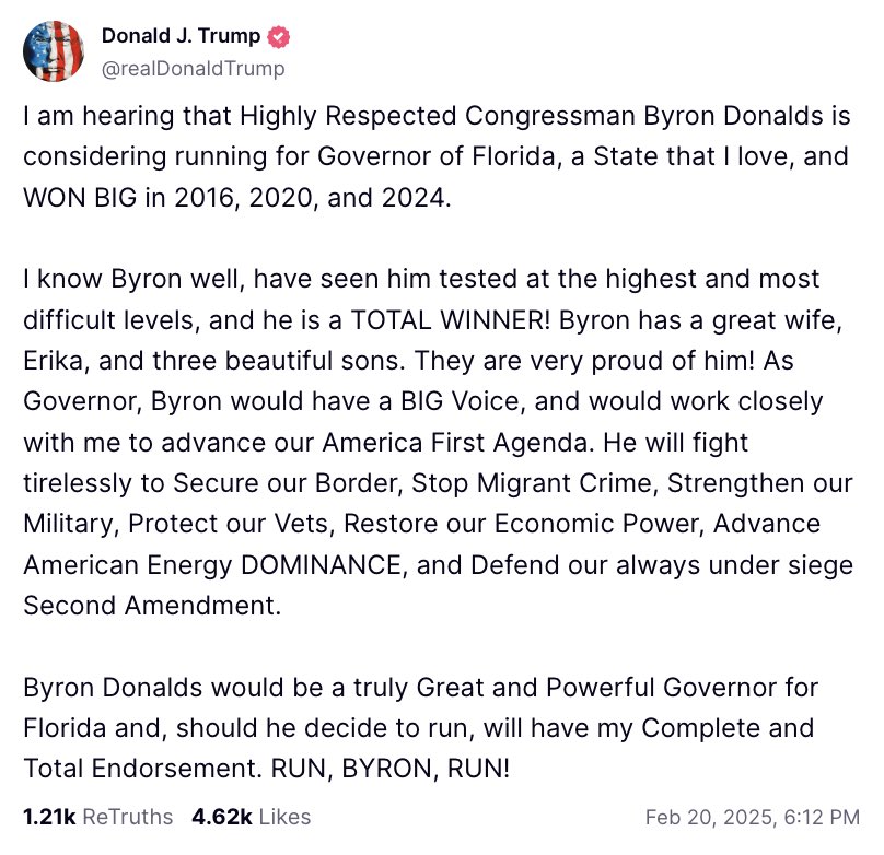 TOTAL WINNER <a href="/ByronDonalds/">Byron Donalds</a> endorsed by President Trump 🔥🔥🔥