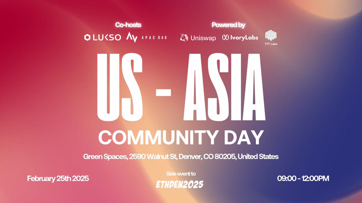 Official Announcement: US-ASIA COMMUNITY DAY at ETH DENVER 2025

APAC DAO &amp; <a href="/lukso_io/">LUKSO</a> are excited to co-host the largest US-Asia Web3 gathering at <a href="/EthereumDenver/">ETHDenver 🏔🦬🦄</a>, bringing together the brightest minds in blockchain to discuss market opportunities, funding, and cross-border