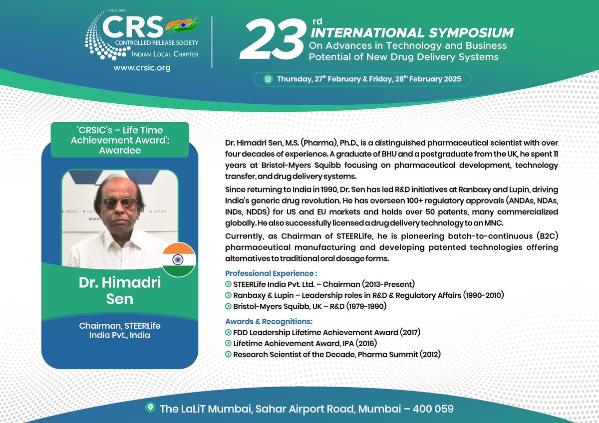 CRS Indian Chapter (@crsindian) on Twitter photo Meet our Lifetime Achievement Awardee and a distinguished scientist Dr. Himadri Sen. He played a significant role in driving India's generic drug revolution and it is our honour to have his presence at the 23rd CRSIC International Symposium <a href="/CRSScience/">Controlled Release Society</a> <a href="/CRS_YSC/">Young Scientist Committee YSC-CRS</a> Meet our Lifetime Achievement Awardee and a distinguished scientist Dr. Himadri Sen. He played a significant role in driving India's generic drug revolution and it is our honour to have his presence at the 23rd CRSIC International Symposium <a href="/CRSScience/">Controlled Release Society</a> <a href="/CRS_YSC/">Young Scientist Committee YSC-CRS</a>