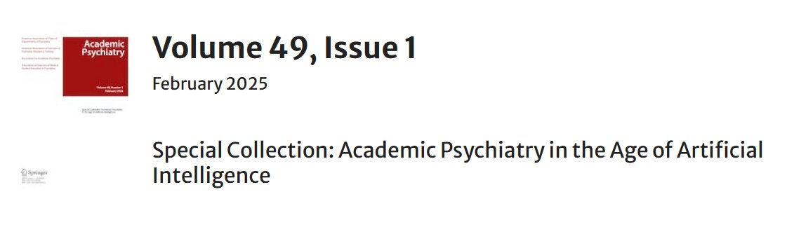 Howard Liu, MD MBA (@drhowardliu) on Twitter photo Honored to guest edit a special issue of <a href="/AcadPsychiatry/">Academic Psychiatry</a> on "Academic Psychiatry in the Age of #AI." Thanks to brilliant co-editor, Dr. Darlene King, EIC Dr. Adam Brenner, Managing Editor Ann Tennier, & so many reviewers & authors!
Please read & share👇
link.springer.com/journal/40596/… Honored to guest edit a special issue of <a href="/AcadPsychiatry/">Academic Psychiatry</a> on "Academic Psychiatry in the Age of #AI." Thanks to brilliant co-editor, Dr. Darlene King, EIC Dr. Adam Brenner, Managing Editor Ann Tennier, & so many reviewers & authors!
Please read & share👇
link.springer.com/journal/40596/…