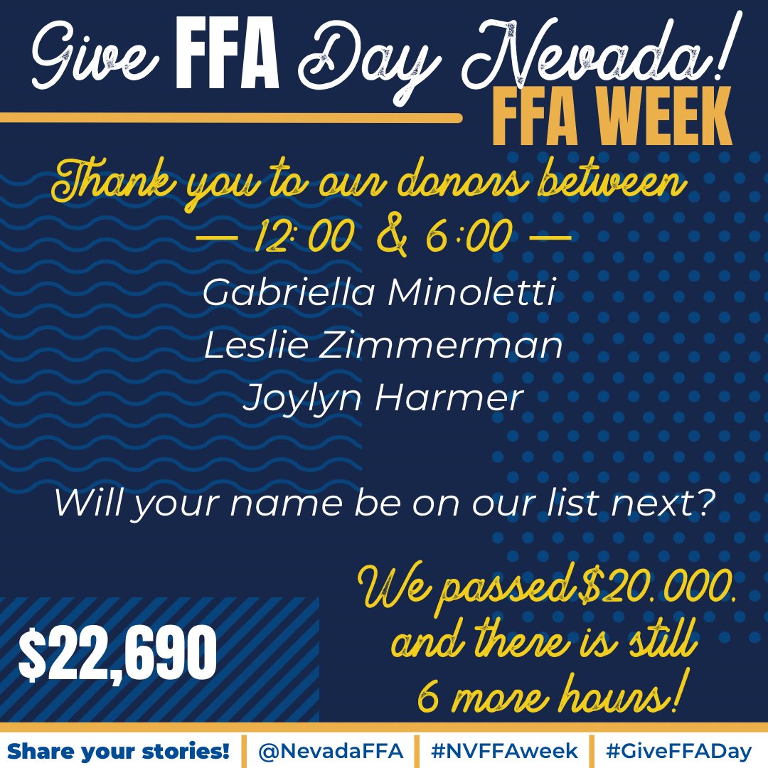 🤩 We already passed $20,000! Can we get another $7,000 in the next 6 hour to reach our goal?!

🌱 Thanks to @americanagcredit for their $15,000 match pledge, and helping us move closer to our goal!

🔗 Visit the Link in our bio or giveffaday.ffa.org/campaigns/neva…