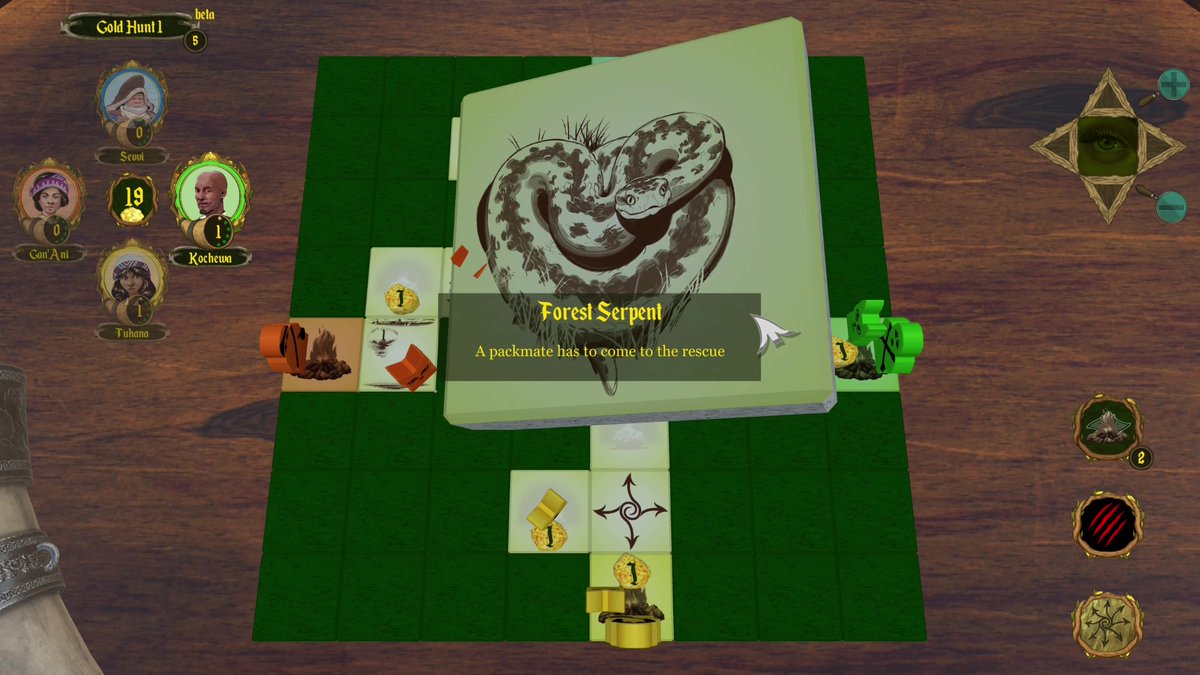 DemaalStudios's tweet image. Opening a &quot;Forest Serpent&quot; tile is a bit of a bummer. The canine that lands on it will remain trapped on that tile until a packmate comes to the rescue. Hunters, however, get a free pass; too tough of a target for a serpent to attack.
#HuntersOfDemaal #boardgame #indiegame