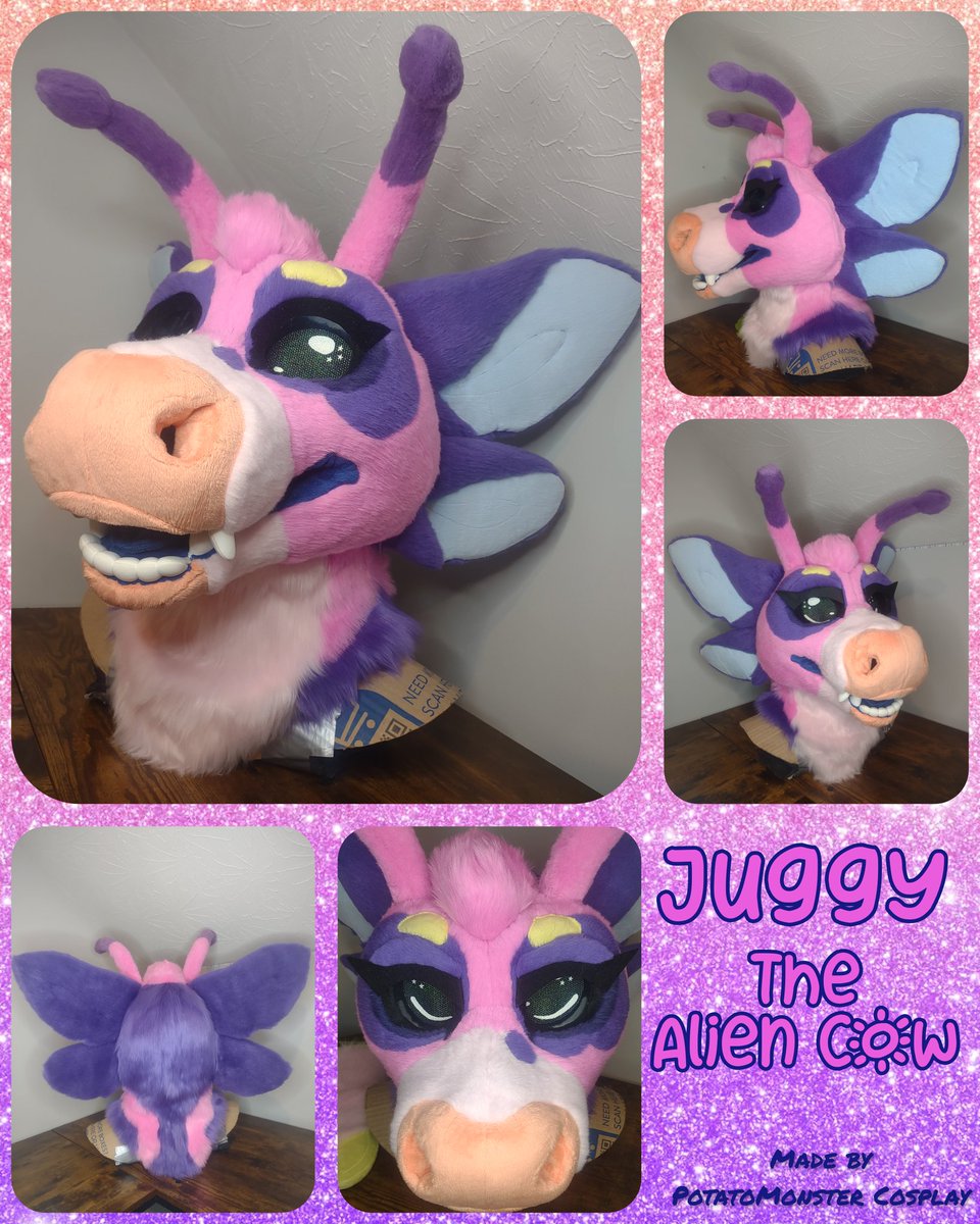 PMCsuits's tweet image. I finally got to make a cow!
Meet Juggy the Alien Cow! She is a mini partial with a head, hand paws, and tail. The head features two bouncy antenna and eyelids with big eyelashes, and the hooves have removable finger pillows for washing and storage.
