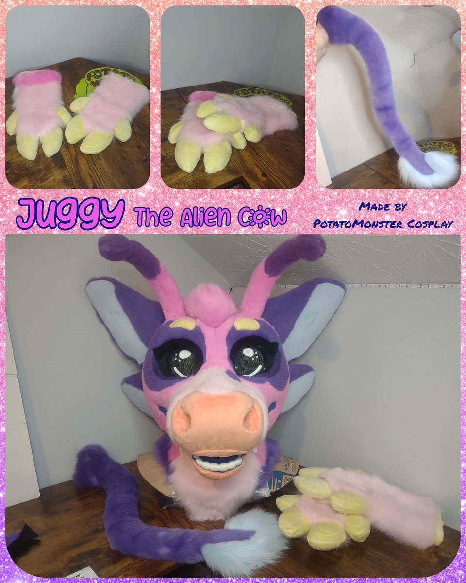 PMCsuits's tweet image. I finally got to make a cow!
Meet Juggy the Alien Cow! She is a mini partial with a head, hand paws, and tail. The head features two bouncy antenna and eyelids with big eyelashes, and the hooves have removable finger pillows for washing and storage.