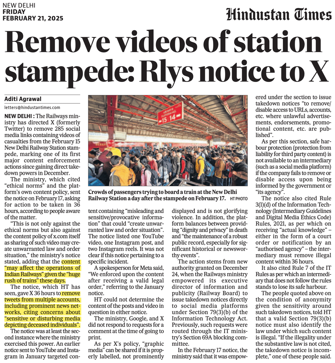 beastoftraal's tweet photo. "Railways ministry gave X 36 hours to remove tweets from multiple accounts, including prominent news networks, citing concerns about “sensitive or disturbing media depicting deceased individuals” because such content “may affect the operations of Indian Railways” given the “huge rush of trains” these days."