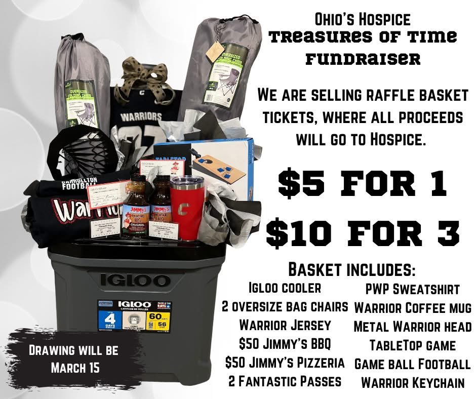 Carrollton Football &amp; the Carrollton Touchdown Club are giving back! 

Please consider buying a ticket for our raffle basket, where 100% of the proceeds will support Treasures of Time; Ohio's Hospice. 

Thank you to all who donated:
Jimmy’s Pizzeria
<a href="/jbqsmokin/">Jimmys Backyard BBQ</a> 
Pieces with