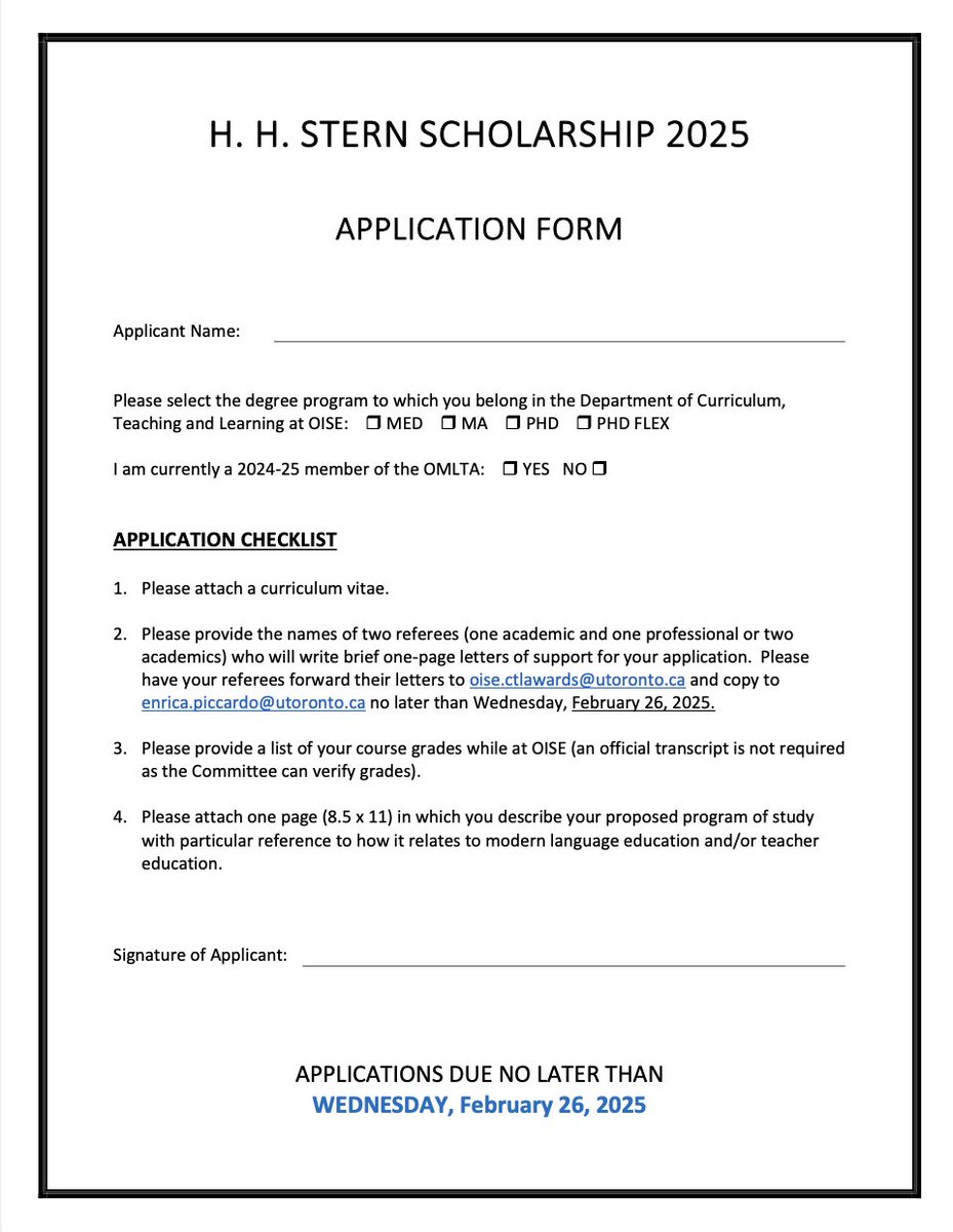 CERLL OISE (@cerlloise) on Twitter photo LAST CALL: The H. H. Stern Scholarship 2025 is still seeking applications. Make sure to submit it by Wednesday, February 26th. Please follow the instructions on the attached document to apply for this scholarship. Best of luck! LAST CALL: The H. H. Stern Scholarship 2025 is still seeking applications. Make sure to submit it by Wednesday, February 26th. Please follow the instructions on the attached document to apply for this scholarship. Best of luck!