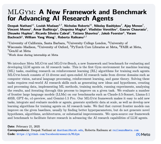 MLGym

A New Framework and Benchmark for Advancing AI Research Agents