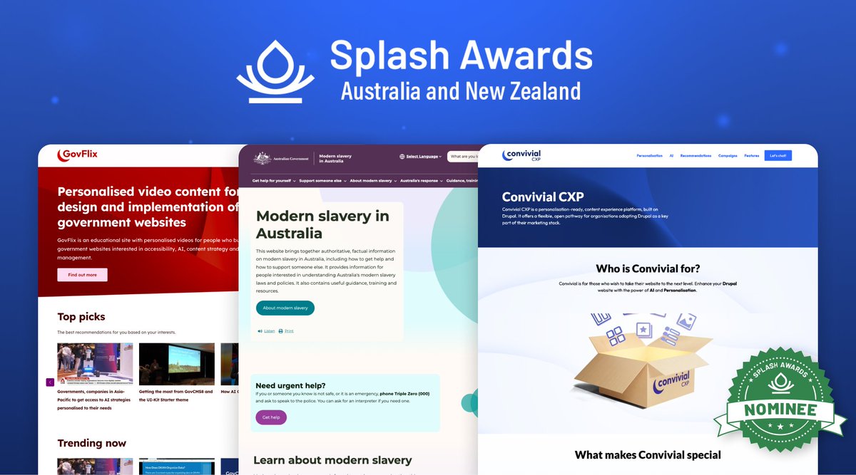 Morpht (@morphtmedia) on Twitter photo 🌟 We’re excited to share that three Morpht projects are finalists at DrupalSouth 2025 Melbourne Splash Awards! 
🏛 Modern Slavery in Australia
💡 Convivial
🎥 GovFlix
Congrats to all nominees - see you in Melbourne!🏆
#DrupalSouth #DrupalSouth2025 #SplashAwards #Drupal #Morpht 🌟 We’re excited to share that three Morpht projects are finalists at DrupalSouth 2025 Melbourne Splash Awards! 
🏛 Modern Slavery in Australia
💡 Convivial
🎥 GovFlix
Congrats to all nominees - see you in Melbourne!🏆
#DrupalSouth #DrupalSouth2025 #SplashAwards #Drupal #Morpht