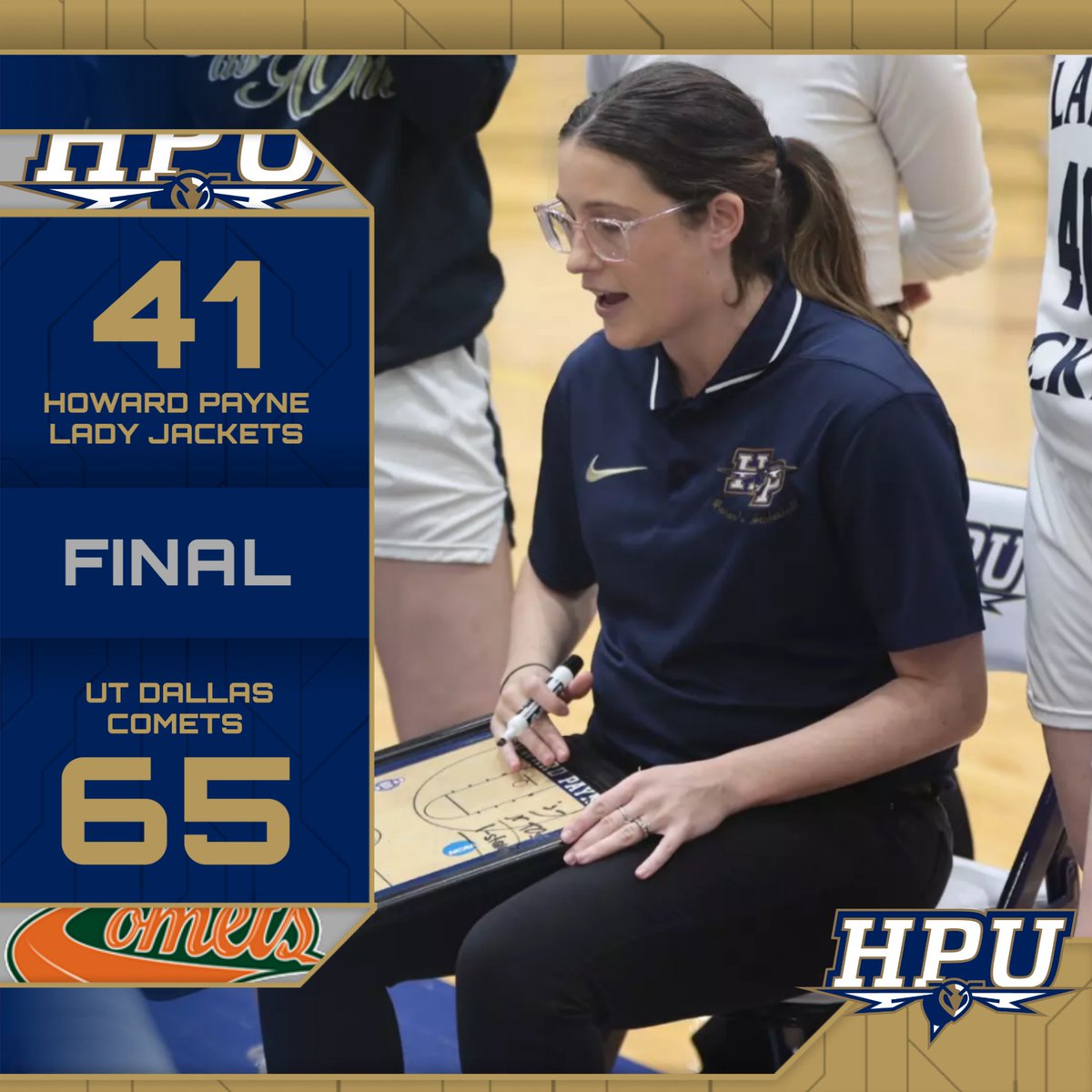 WBB FINAL
HPU-41
UTD-65
Kate Buchanan had 9 points on 4 of 7 shooting. Caitlyn Panuco had 5 points, 6 rebounds, and 5 assists. Lady Jackets forced 17 turnovers! #Stingem