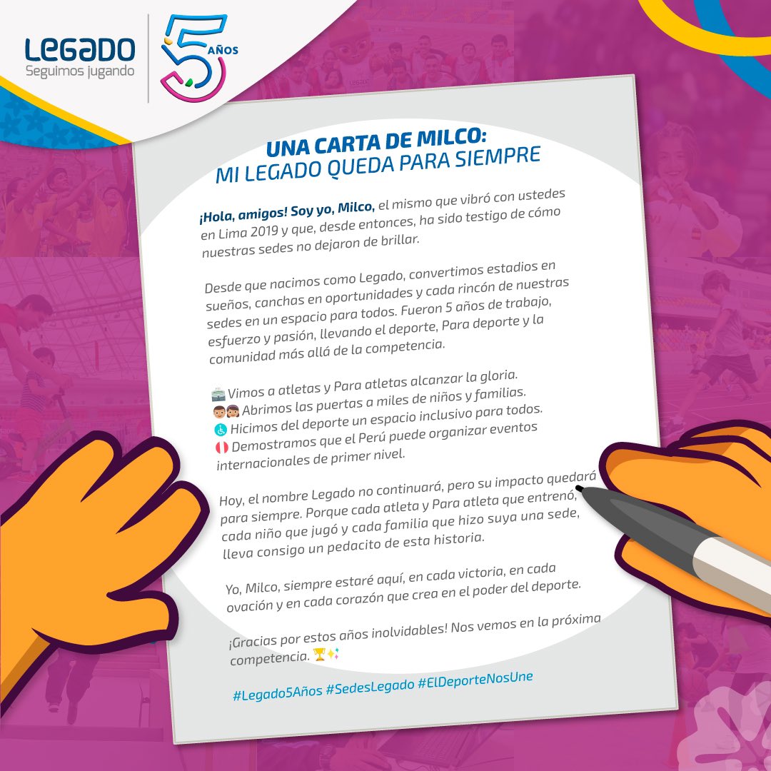 #Legado5Años
🥹Desde Lima 2019, Milco ha estado con nosotros en cada logro, en cada historia y en cada sueño cumplido. 💌Hoy, nos deja un mensaje especial sobre lo que construimos juntos en estos 5 años.
📜💙 Lee su carta y revive la historia de un legado que trasciende.