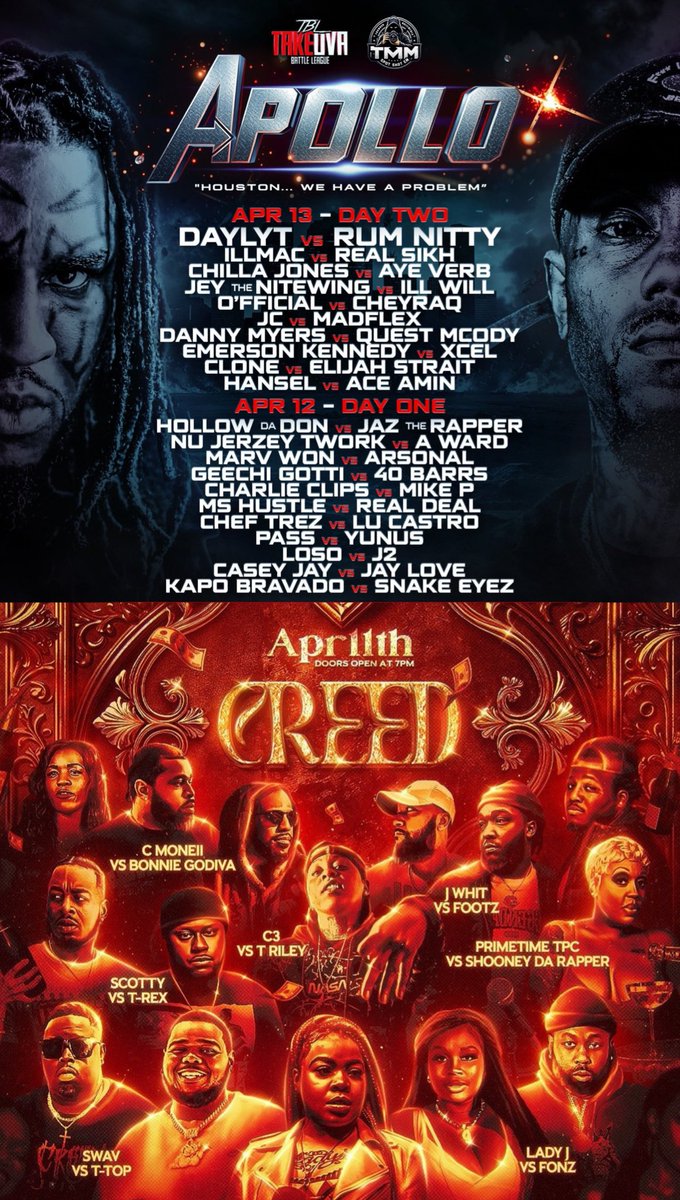AllThingsBatRap's tweet photo. #APOLLO #CREED • April 11-13 • Houston, TX

• Daylyt vs Rum Nitty
• Hollow Da Don vs Jaz The Rapper
• Illmac vs Real Sikh
• NJ Twork vs A.Ward
• Chilla Jones vs Aye Verb
• Marv Won vs Arsonal
• Jey The Nitewing vs Ill Will
• Geechi Gotti vs 40 BARRS
• O’fficial vs Cheyraq
• Charlie Clips vs Mike P
• JC vs Madflex
• Ms Hustle vs Real Deal
• Danny Myers vs Quest Mcody
• Chef Trez vs Lu Castro
• Emerson Kennedy vs Xcel
• Pass vs Yunus
• Clone vs Elijah Strait
• Loso vs J2
• Hansel vs Ace Amin
• Casey Jay vs Jay Love
• Kapo Bravado vs Snake Eyez
• T-Rex vs Scotty
• T-Top vs Swav
• Shooney Da Rapper vs Primetime TPC
• Fonz vs Lady J
• C3 vs T Riley
• Bonnie Godiva vs C Moneii
• Footz vs J Whit