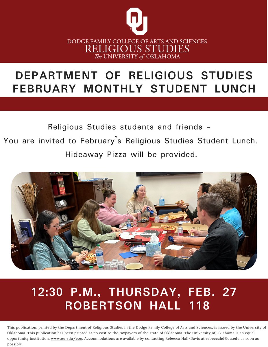 Religious Studies students and friends,
You are invited to February's RELS Student Lunch. Hideaway Pizza will be provided.

Thursday, February 27
12:30 p.m.
Robertson Hall 118