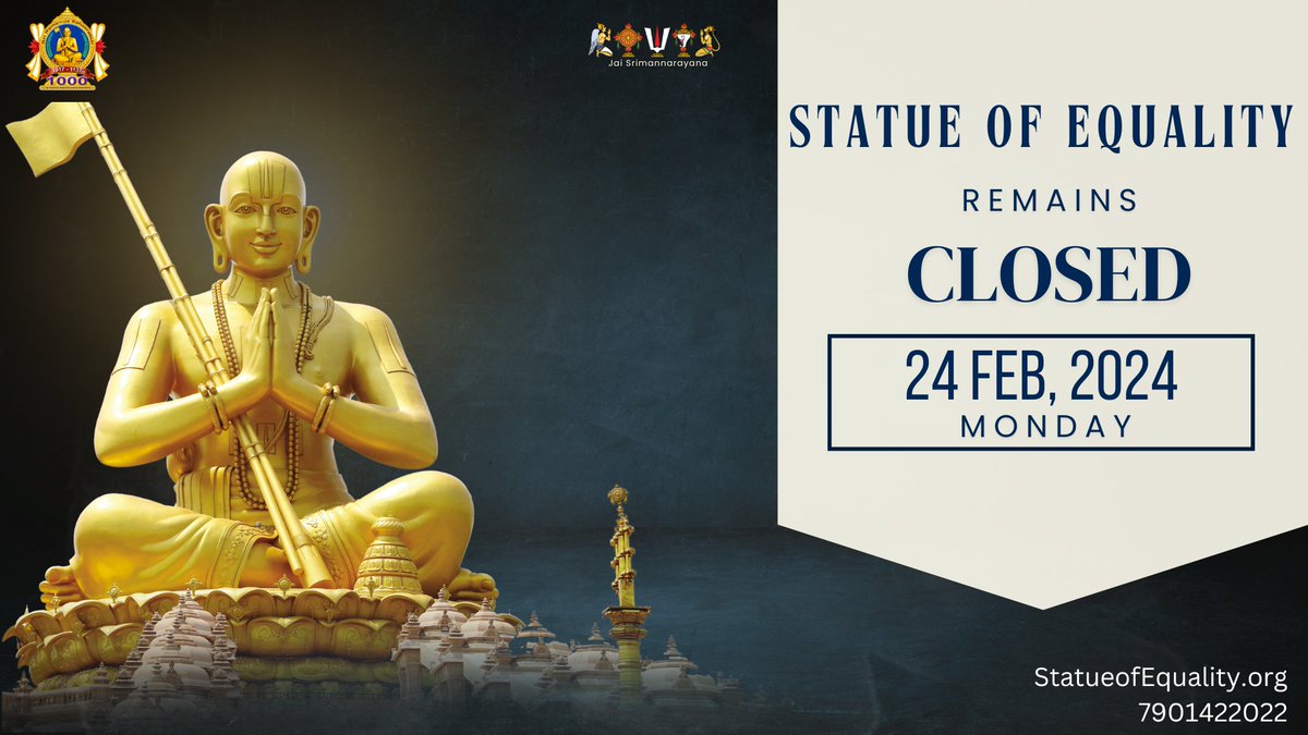 📷ముఖ్య గమనిక📷
📷మన statueofEquality లో ఈ నెల అనగా ఫిబ్రవరి నెల 24 భక్తులకు ప్రవేశం ఉండదు గమనించగలరు.
...........................................................................................................
#hhchinnajeeyarswamiji #StatueOfEquality #Ramanujacharya