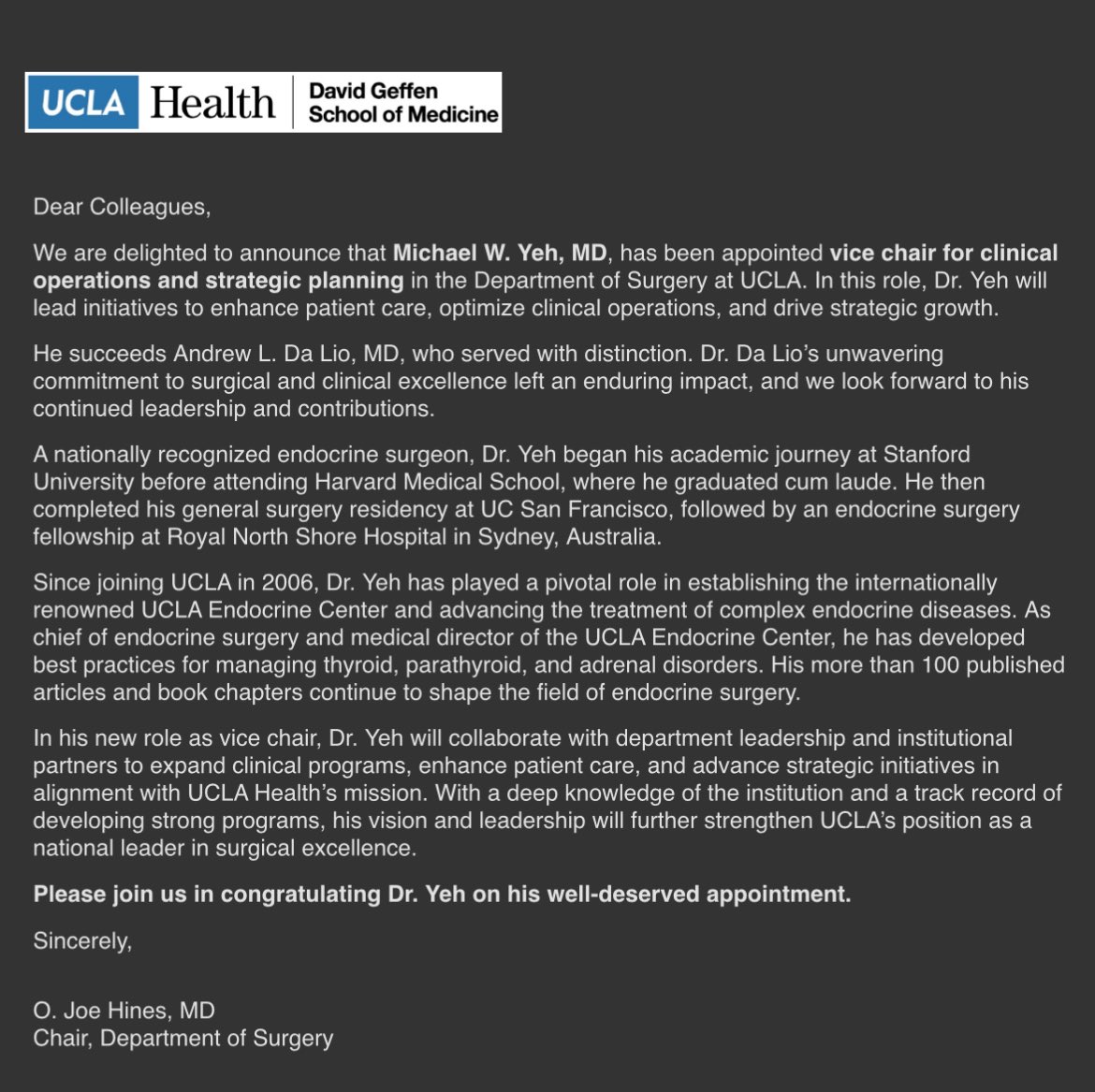Robert W. Yeh (@rwyeh) on Twitter photo Congrats to my brother <a href="/michaelyehmd/">Michael Yeh</a> for being named Vice Chair of Clinical Operations and Strategic Planning for <a href="/UCLAHealth/">UCLA Health</a> Dept of Surgery.
No better choice, in my very unbiased opinion! Congrats to my brother <a href="/michaelyehmd/">Michael Yeh</a> for being named Vice Chair of Clinical Operations and Strategic Planning for <a href="/UCLAHealth/">UCLA Health</a> Dept of Surgery.
No better choice, in my very unbiased opinion!