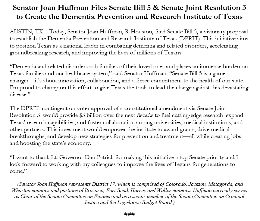 Joan Huffman (@joanhuffman) on Twitter photo PRESS RELEASE - Senator Joan Huffman Files Senate Bill 5 & Senate Joint Resolution 3 to Create the Dementia Prevention and Research Institute of Texas. #txlege PRESS RELEASE - Senator Joan Huffman Files Senate Bill 5 & Senate Joint Resolution 3 to Create the Dementia Prevention and Research Institute of Texas. #txlege