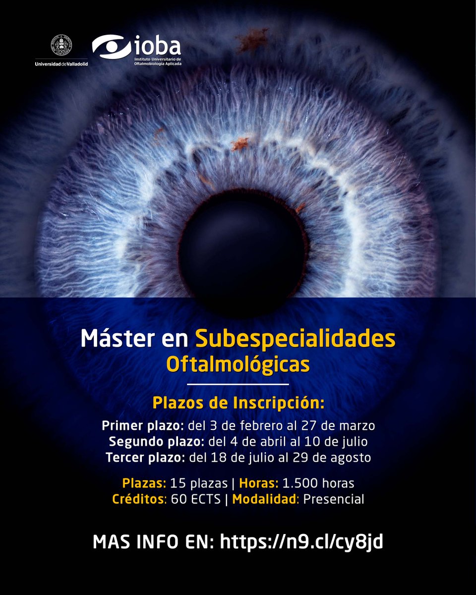 Ya está abierto el plazo de preinscripción para nuestro #Máster en #SubespecialidadesOftalmológicas. Si eres oftalmólogo o residente, y quieres tener una formación especializada con un enfoque práctico, clica en el siguiente enlace.
ℹ️ Más info: n9.cl/cy8jd
#IOBA #Uva