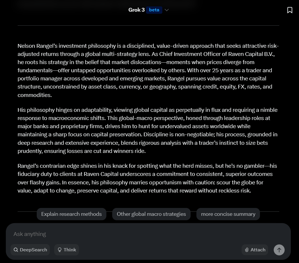 nelsonrangel's tweet photo. My investment philosophy as understood by Grok. This is an intimate level of understanding for someone that has never met me. One that an employee, a client or my wife would have. Elon and his team have built something very impressive. https://t.co/8fvk5rN64a
