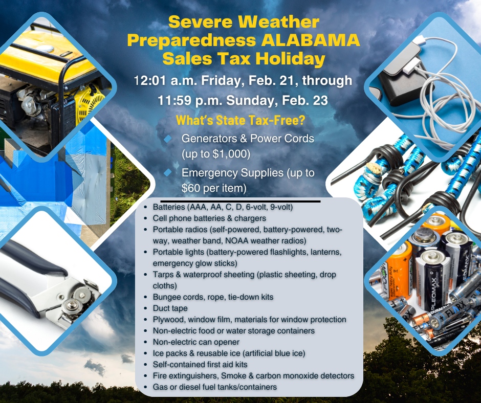 🛑 STARTS TONIGHT AT MIDNIGHT! STOCK UP TAX-FREE BEFORE THE NEXT STORM HITS! 🛑

Mobile County EMA reminds you that Alabama’s State Sales Tax Holiday for Severe Weather Preparedness starts TONIGHT at 12:01 a.m. and runs through Sunday at 11:59 p.m. ⏳

This weekend, grab essen...