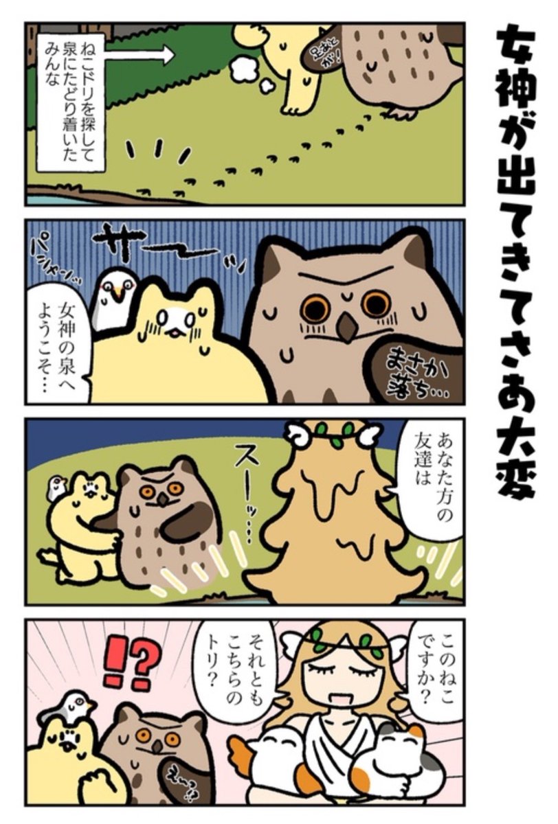 【自分迷子の…】「ねこドリ」最新話が公開されました!泉に落ちたねこドリ…でも安心!女神様が引き上げてくれ…たのはねこドリじゃない、ねことトリ?! 