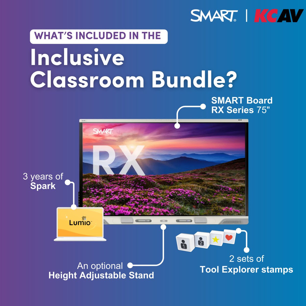 KCAV (@kcavsolutions) on Twitter photo 🌟 Inclusive learning starts here! 🌟
<a href="/SMART_Tech/">SMART Technologies</a> Inclusive Classroom Bundle empowers students to engage in ways that feel natural to them! 🎓
✅ SMART Board RX 75"
✅ Customizable Stamps & Cubes
✅ 3 Years of Lumio
💙 #KCAV #WeSellSMART #EdTech #InclusiveLearning #GoLumio 🌟 Inclusive learning starts here! 🌟
<a href="/SMART_Tech/">SMART Technologies</a> Inclusive Classroom Bundle empowers students to engage in ways that feel natural to them! 🎓
✅ SMART Board RX 75"
✅ Customizable Stamps & Cubes
✅ 3 Years of Lumio
💙 #KCAV #WeSellSMART #EdTech #InclusiveLearning #GoLumio