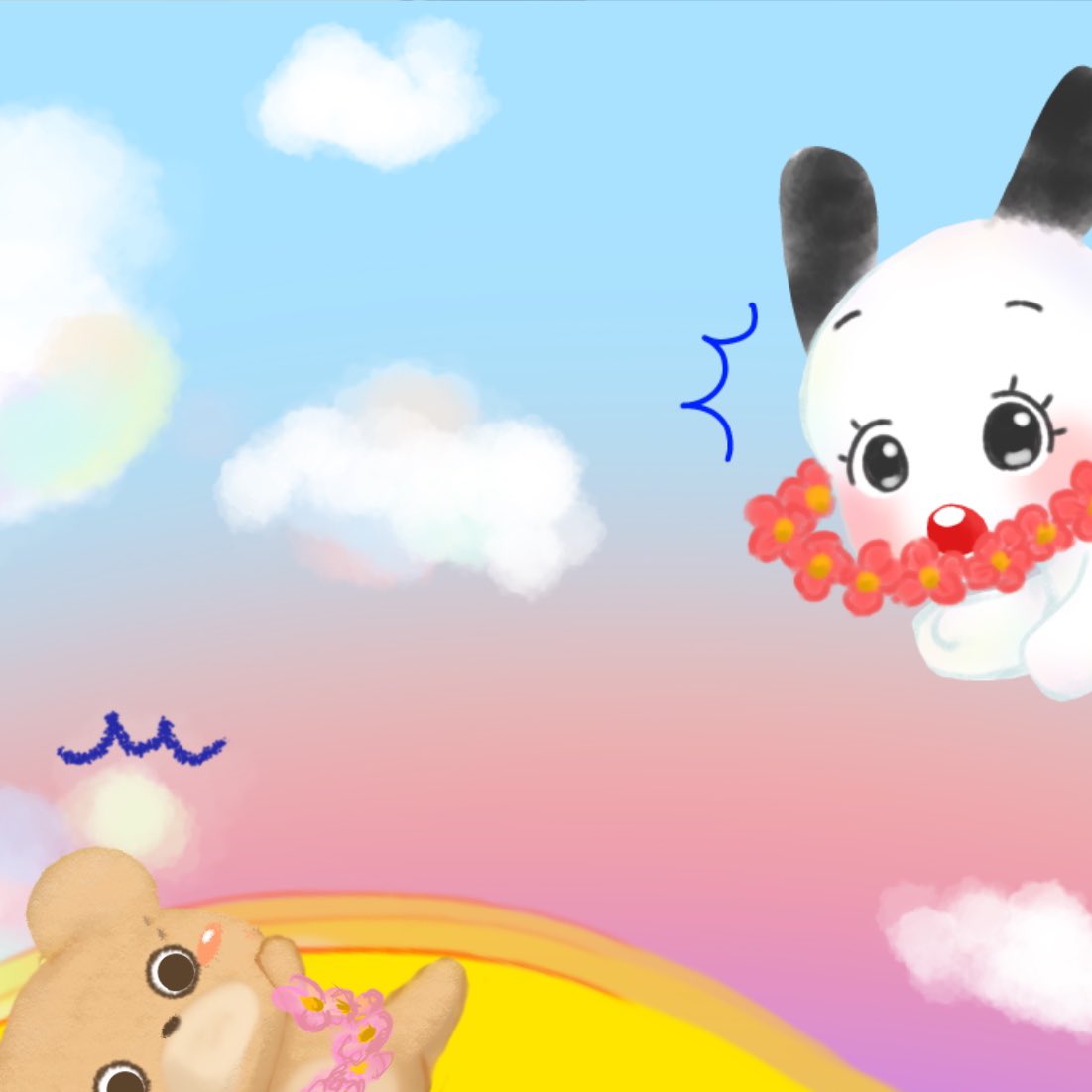 EmojiKof's tweet photo. 夕方の空は、ほんの数分で全然違う表情を見せるから面白いですよね。
今回の冒険の空は、どんな物語を語っているように見えますか？
もし良かったら、あなたの心に浮かぶ空の色やエピソードを教えてくださいね🐻🐰

#ぴょんもぐ大冒険 https://t.co/sd9hpQfbj3