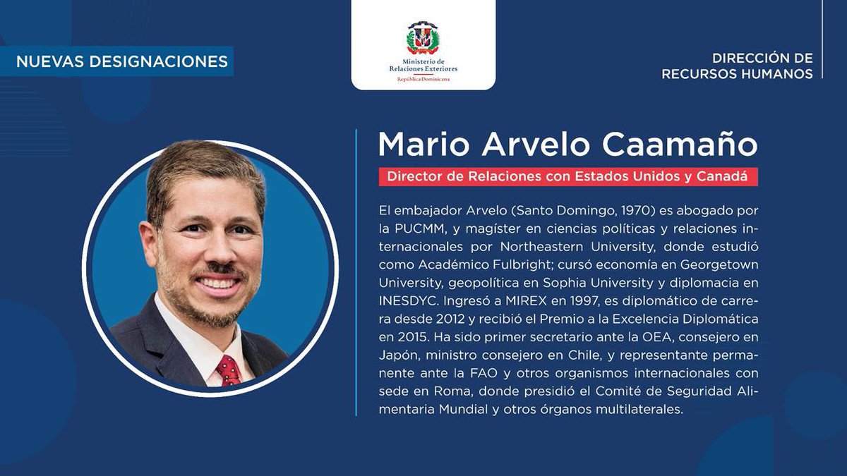 Honrado por el encargo de contribuir al fortalecimiento de la amistad y cooperación 🇩🇴 con 🇺🇸&amp;🇨🇦 en este 29° año de labor en <a href="/MIREXRD/">Cancillería de República Dominicana</a>
Gracias al presidente <a href="/luisabinader/">Luis Abinader</a> y al canciller <a href="/RobalsdqAlvarez/">Roberto Alvarez</a> por la oportunidad de seguir sirviendo al país y colaborando con su gestión.