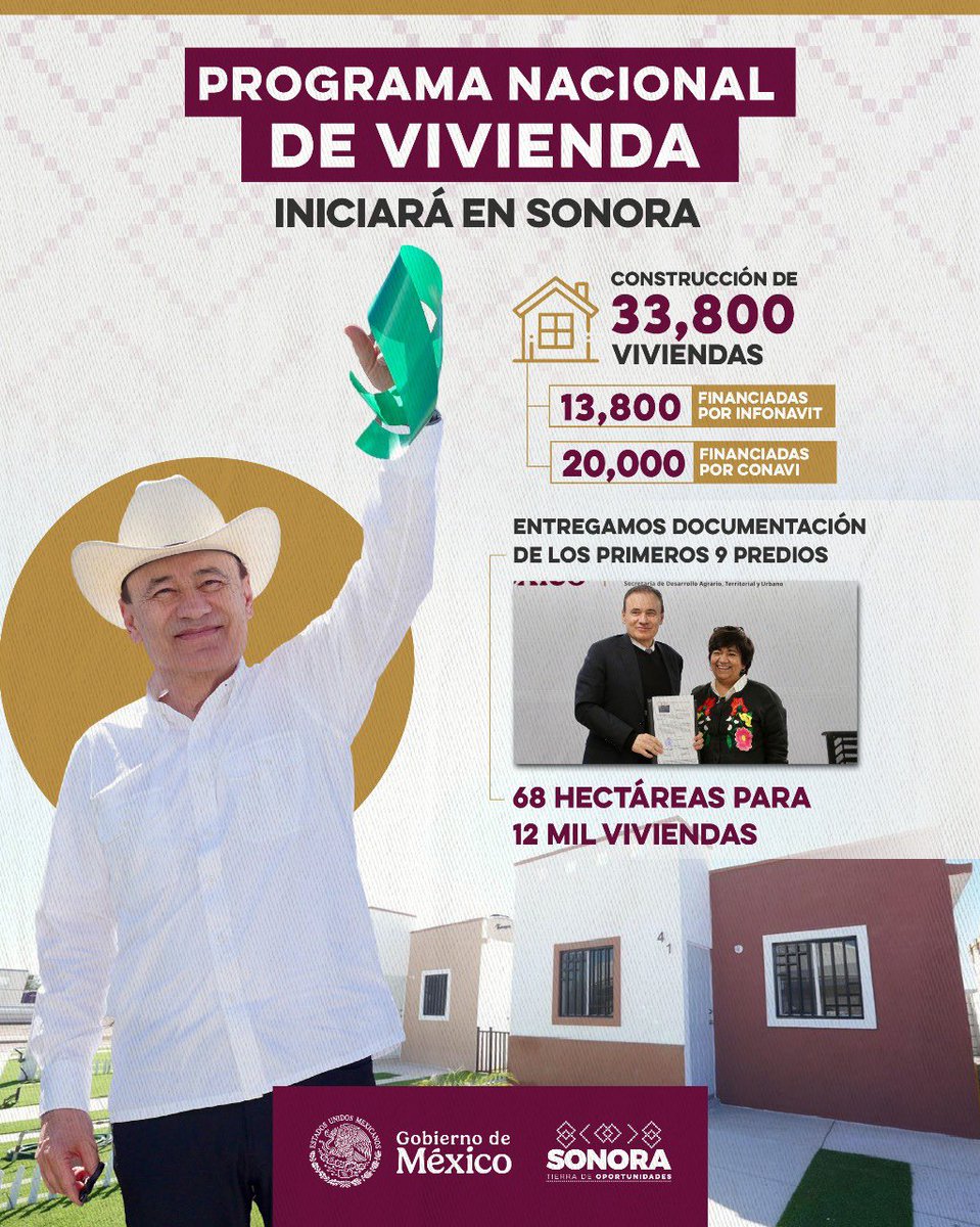 AlfonsoDurazo's tweet photo. ¡El Programa Nacional de Vivienda para el Bienestar inicia en Sonora! 🙌🏠

Con el respaldo de nuestra Presidenta @Claudiashein, este fin de semana arrancaremos con la construcción de 33 mil 800 hogares, brindando a más familias sonorenses la oportunidad de un espacio digno y seguro.

#ViviendasParaSonora