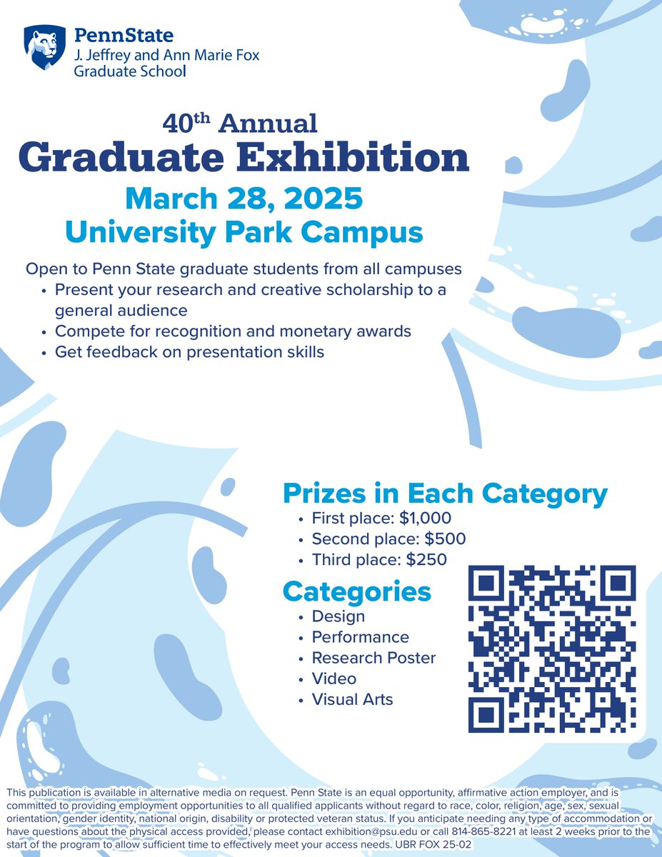 📢 Grad Students! Showcase your research &amp; creativity at The Graduate Exhibition for a chance to win cash prizes &amp; gain presentation experience!

📅 Key Deadlines:
 3/7 – Poster (free printing) &amp; Performance
 3/14 – Visual Arts
 3/17 – Video, Poster, Design (no free printing)