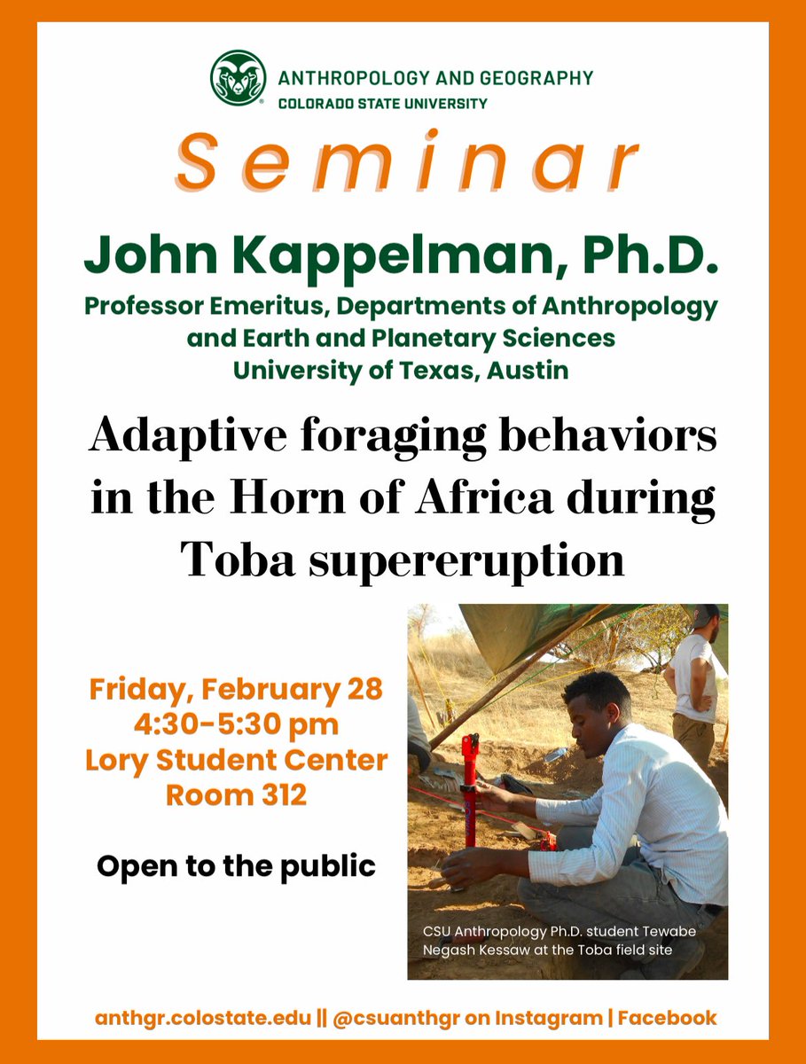 Hello everyone! 

CSU Anthropology and Geography will host Dr. John Kappelman, Professor in the Departments of Anthropology and Geological Sciences at University of Texas at Austin, for a seminar talk on Friday, February 28, 4:30pm in LSC Room 312.

This talk is free and open.