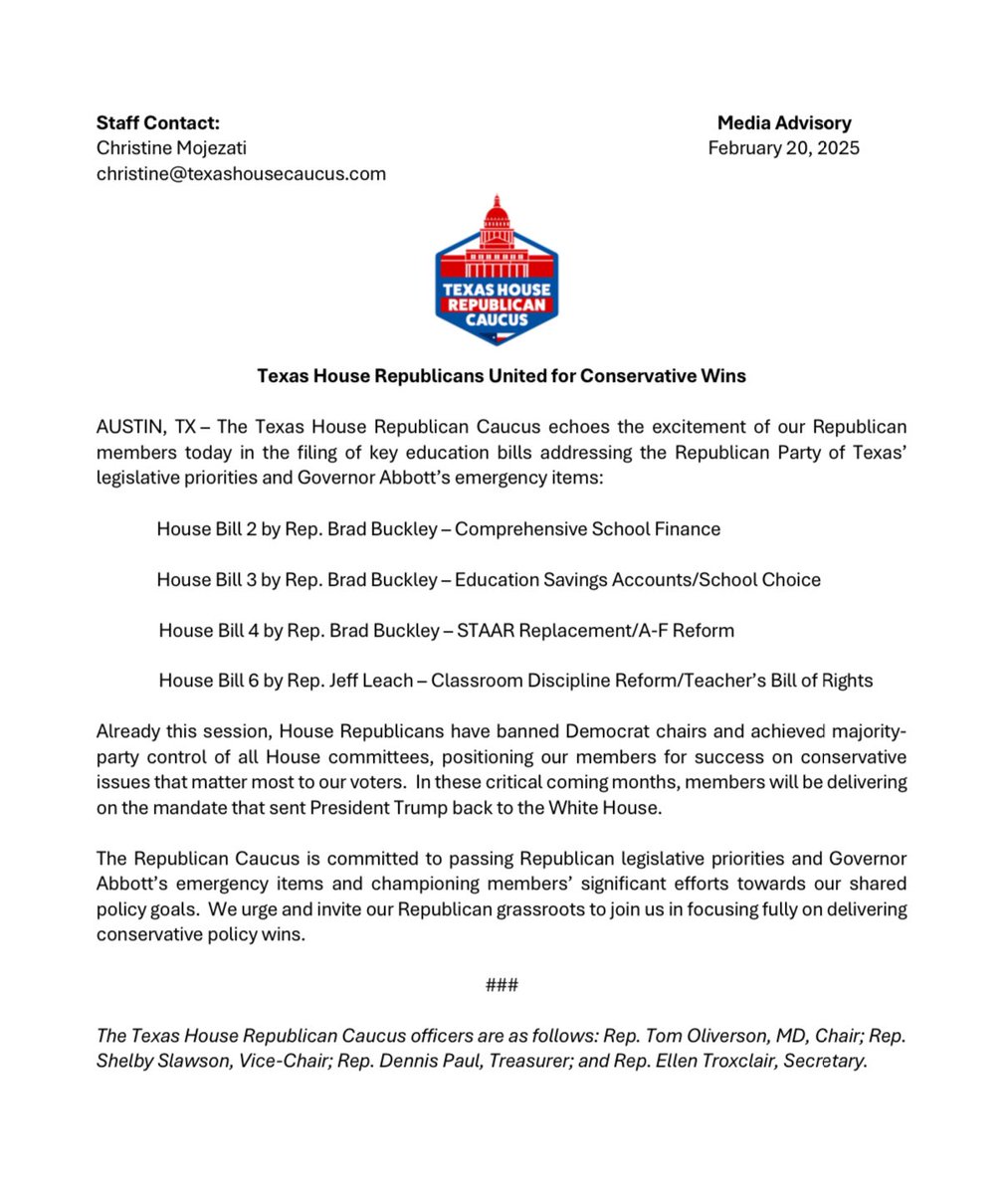TXGOPCaucus's tweet photo. It’s a great day for TX students, parents & teachers! Led by Chairman @BradBuckleyDVM, our Caucus rolled out legislation to invest in public ed, eliminate STAAR tests, increase teacher pay & empower parents to choose the best education for their children. We are charting a brighter future for ALL students! #txlege