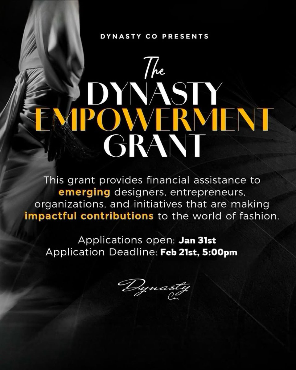 RLewswagg's tweet photo. TOMORROW DEADLINE for the Dynasty Empowerment Grant ! @DynastycoUS 

This provides financial assistance to emerging designers, entrepreneurs, organizations, and initiatives that are making impactful contributions to the world of fashion.

DEADLINE: Feb 21 5:00pm 

TAG  &amp; SHARE‼️ https://t.co/BnCxyV46ow