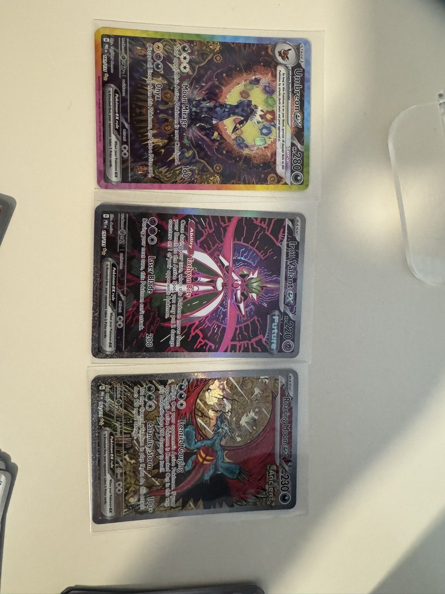 JumpingVortex's tweet image. I’m literally SHAKING RN… I opened my first surprise box from Prismatic Evolutions and on the second to last pack I pulled all 3 of these 💰