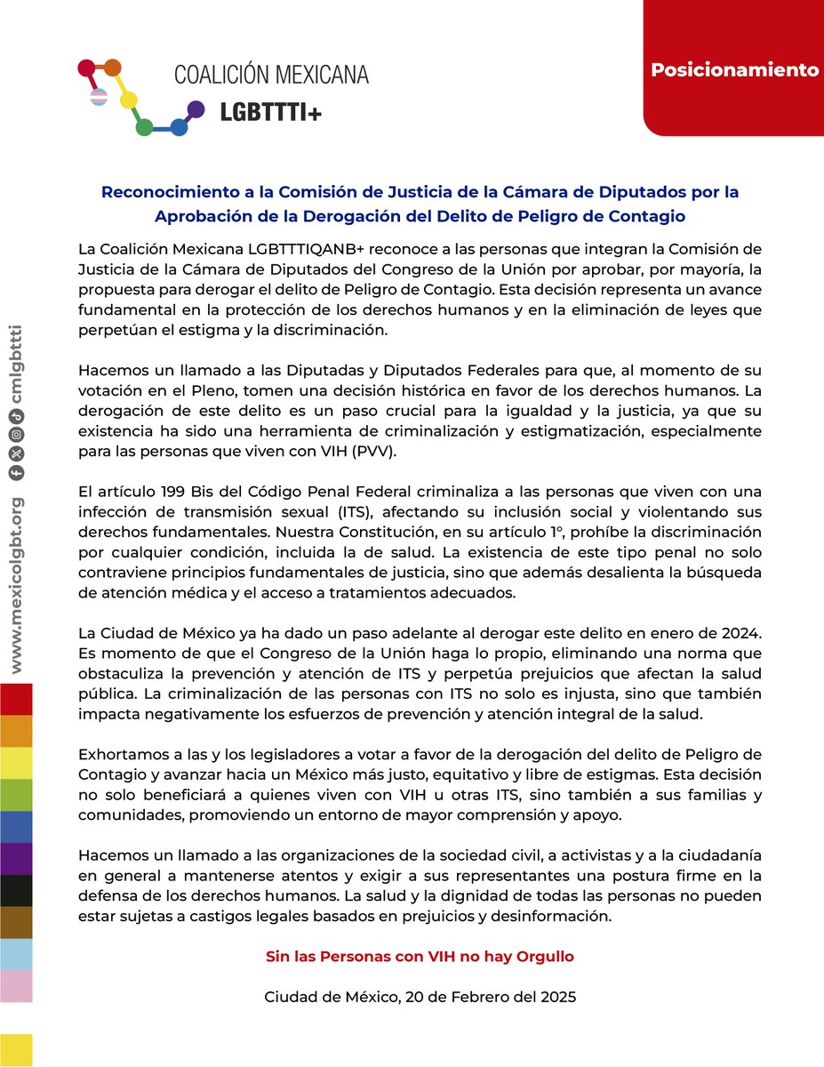 📢 ¡Paso histórico en la lucha por los DDHH! Reconocemos a la Comisión de Justicia de la <a href="/Mx_Diputados/">H. Cámara de Diputados</a> por aprobar la derogación del delito de Peligro de Contagio. El llamado es al Pleno del Congreso: es momento de votar a favor de la igualdad, la justicia y la no discriminación.
