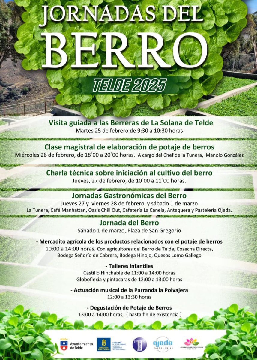 Se celebran en Telde las primeras Jornadas del Berro, del 25/02 al 1/03, con visitas guiadas a berreras, clases magistrales, charlas técnicas, jornadas gastronómicas y un día especial, el 1 de marzo, con mercadillo, talleres infantiles musica y degustación de potaje de berros.