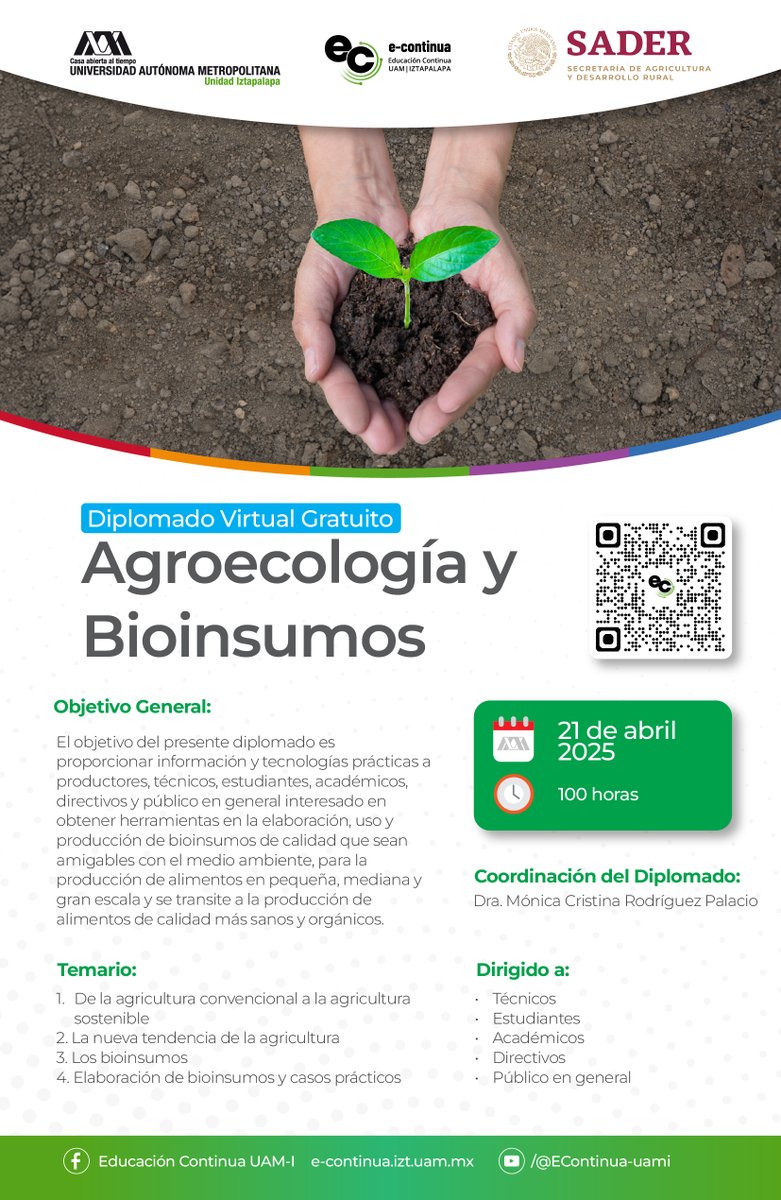 UAM_Iztapalapa's tweet photo. Diplomado Virtual: 𝗔𝗴𝗿𝗼𝗲𝗰𝗼𝗹𝗼𝗴𝗶́𝗮 𝘆 𝗕𝗶𝗼𝗶𝗻𝘀𝘂𝗺𝗼𝘀 🌱🌱
‼️ TOTALMENTE GRATUITO‼️
🗓 Inicia el 21 de abril 2025
⏰Duración: 100 horas
🌐 Registro: https://t.co/yskubs9Plu
#UAM #UAMIztapalapa #codai #VIRTUAMI #EducaciónMixta #EducaciónVirtual #BuenasPrácticas https://t.co/sX4zUlv8O3