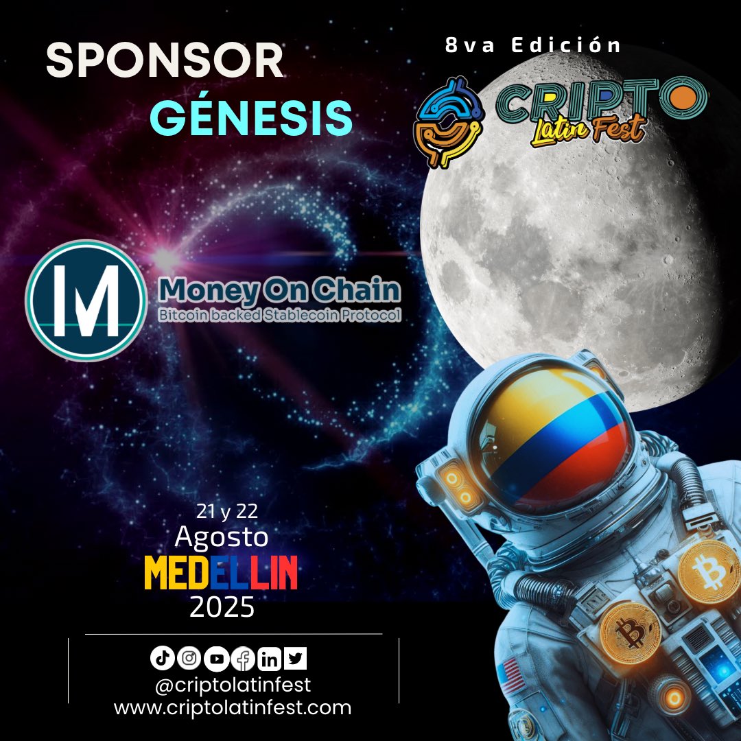 Cripto Latin Fest (@criptolatinfest) on Twitter photo 🎉✨ ¡Noticias emocionantes!✨🎉
Nos enorgullece anunciar a <a href="/moneyonchainES/">MoneyOnChain.com🔥🦡</a> como Sponsor Génesis para la octava edición del Cripto Latin Fest 2025 en Medellín. 🌟💼
Money On Chain es un protocolo de stablecoin respaldada en Bitcoin y de confianza minimizada, diseñado para 🎉✨ ¡Noticias emocionantes!✨🎉
Nos enorgullece anunciar a <a href="/moneyonchainES/">MoneyOnChain.com🔥🦡</a> como Sponsor Génesis para la octava edición del Cripto Latin Fest 2025 en Medellín. 🌟💼
Money On Chain es un protocolo de stablecoin respaldada en Bitcoin y de confianza minimizada, diseñado para