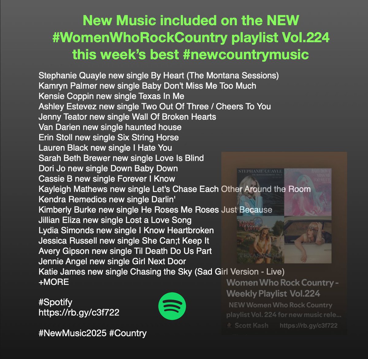 New Music included on the NEW #WomenWhoRockCountry playlist Vol.224 this week’s best #newcountrymusic

<a href="/jennyteator/">Jenny Teator</a> <a href="/VANDARIEN/">V∆Ŋ Đ∆ЯĮЄŊ</a> <a href="/StollCountry/">Erin Stoll Official</a> <a href="/cassiebsd/">Cassie B</a> <a href="/ksue_14/">Kendra Remedios</a> <a href="/JillianEliza_/">Jillian Eliza Music</a> <a href="/lydiasimonds/">Lydia Simonds</a> <a href="/jennangelmusic/">Jennie Angel</a>