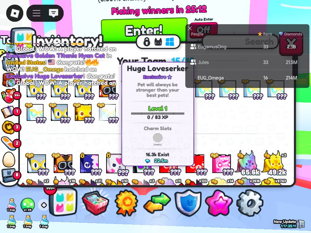 EugamusOrig2's tweet photo. Yay! Hatched a Huge Loveserker done by my favorite alt account #iloveroblox_twotwo with only rebirth 1! :)
#Ps99 #PureF2PLuck https://t.co/Zd8UG2DqN4