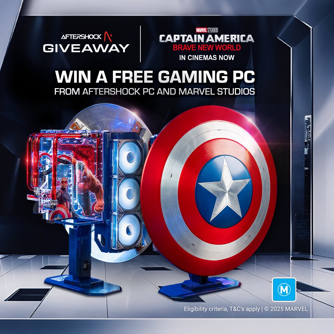 Win a FREE gaming PC from Aftershock and @marvelaunz !

Built to celebrate the release of ‘Marvel Studios’ Captain America: Brave New World’, this one-of-a-kind open water-cooled PC features the famous Captain America Shield.

Watch Marvel Studios’ Captain America: Brave New