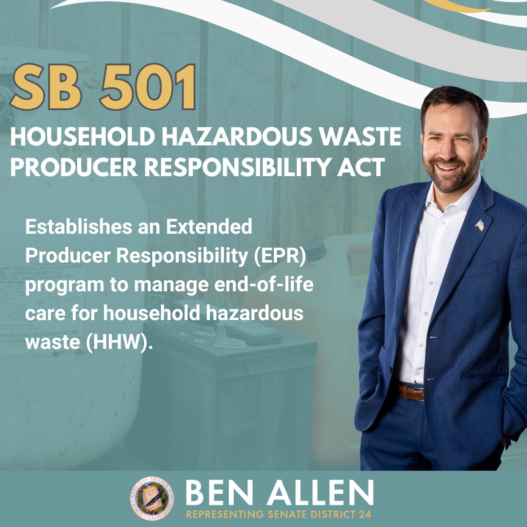 BenAllenCA's tweet photo. This week I introduced #SB501 to establish Extended Producer Responsibility for household hazardous waste.

EPR is a valuable and proven method to ease burdens on local governments, and thus ratepayers, to manage the end-of-life of difficult-to-handle materials. https://t.co/wyBNGC3FLr