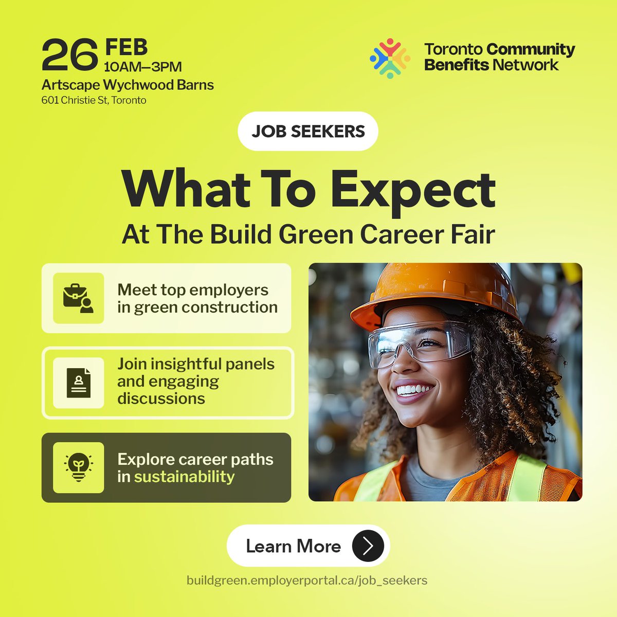 Wondering what’s in store at the #BuildGreenCareerFair?

Join us on February 26 to unlock your potential! 

Find out more: buildgreen.employerportal.ca

In partnership with <a href="/ACCESEmployment/">ACCES Employment</a>, <a href="/AtmosphericFund/">The Atmospheric Fund</a>, <a href="/LEF_TO/">The Learning Enrichment Foundation</a>, and <a href="/LabourEduCentre/">Labour Education Centre</a> 

#communitybenefits #greenconstruction