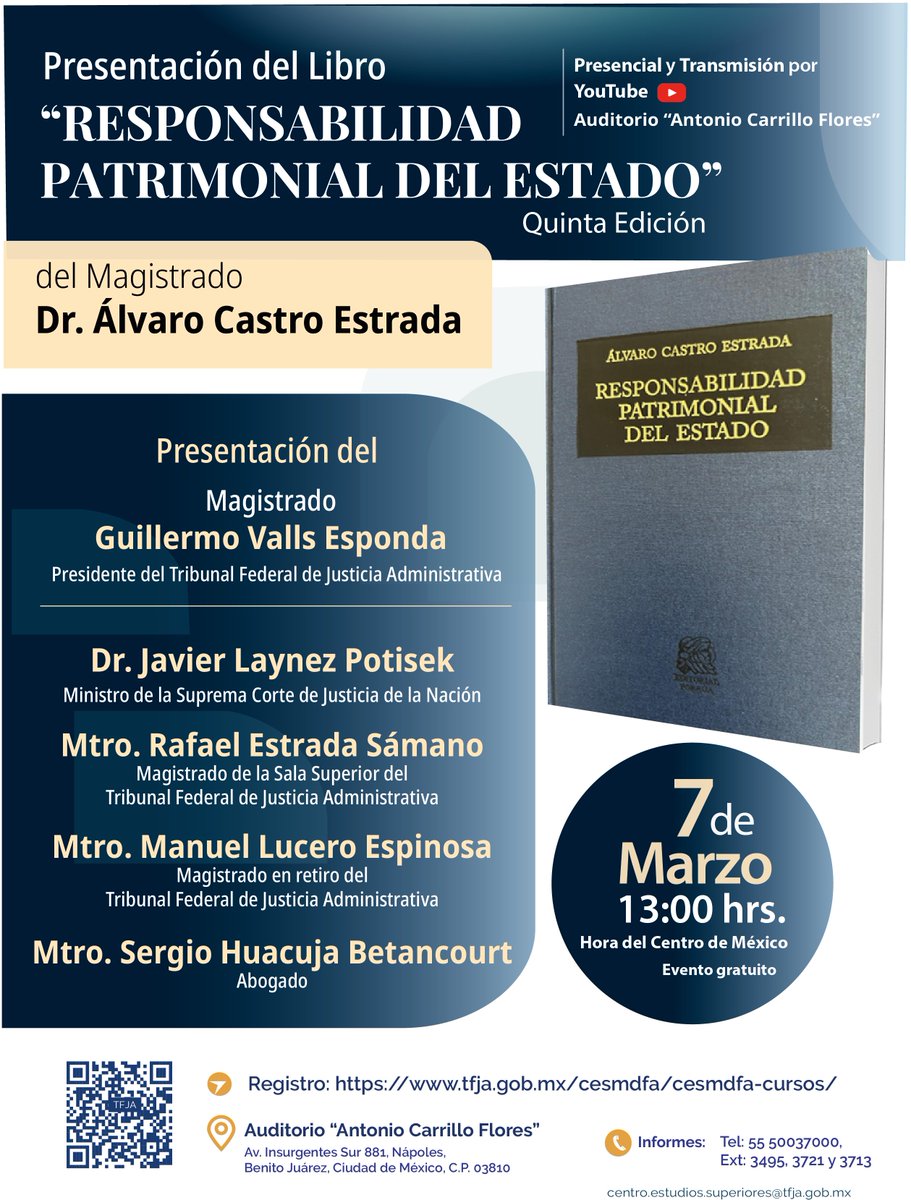 📢Recuerda este 7 de marzo de 2025 se llevará a cabo la Presentación del libro 🏛️“Responsabilidad Patrimonial del Estado”🏛️ a las 13:00 hrs.🗓️
Regístrate en👉 tfja.gob.mx/cesmdfa/cesmdf…
#TFJA
#CESMDFA
#ResponsabilidadPatrimonial
#PresentaciónLibro