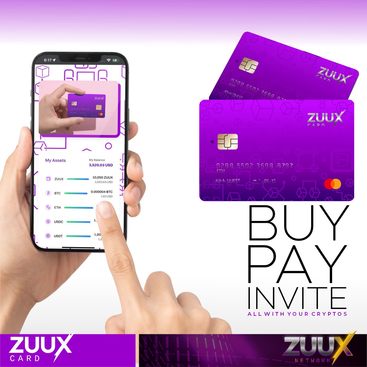 💳 Take your cryptos to the next level with the Zuux Card!

Buy, pay and invite… all with your cryptocurrencies!
Financial freedom is now in your hands.

🔹 Use your cryptos as real money.
🔹 Make payments anywhere in the world.
🔹 Invite others and get rewards.

📢 Join the