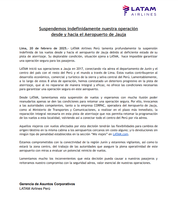 Latina_Noticias's tweet photo. #LOÚLTIMO | Aerolínea Latam anuncia suspensión indefinida de operación desde y hacia el Aeropuerto de Jauja.
Detalles: https://t.co/nqNMZ8kb2L https://t.co/5C5OuNmAG9