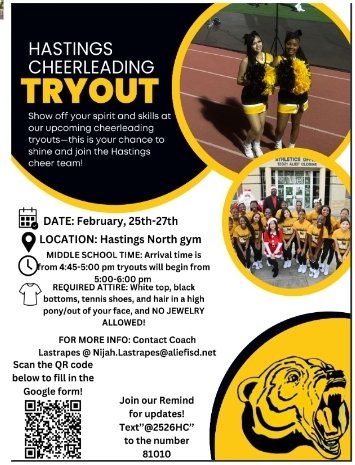 We would LOVE for you to join us! Scan the QR code for more information! <a href="/AliefHastingsHS/">Alief Hastings HS🐾</a> <a href="/HNGCBears/">Hastings Ninth Grade Center</a>! Go Bears! 💛🖤