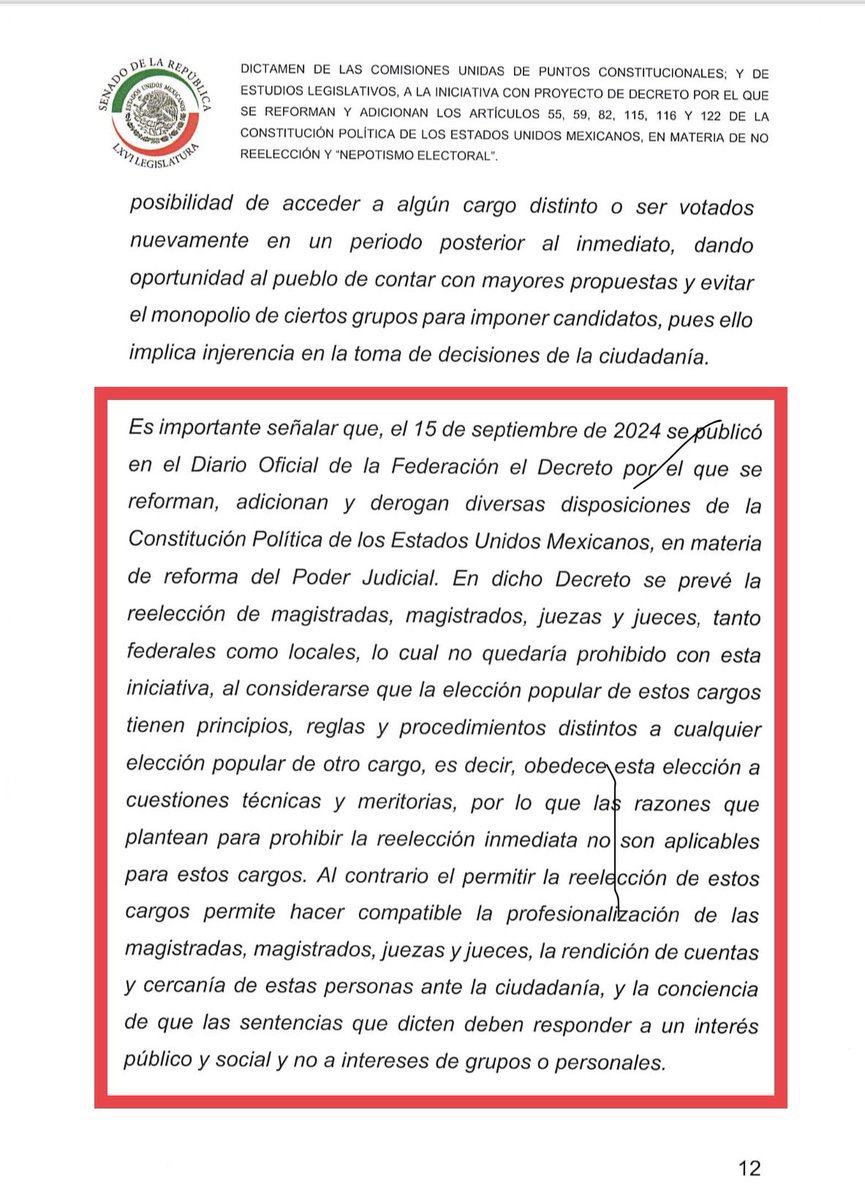 jAlfonsoHerrera's tweet image. Dice (o confiesa) la iniciativa de reforma constitucional en materia de «no reelección» que la elección judicial es distinta a la elección de otros cargos porque “obedece a cuestiones técnicas y meritorias”.

Que, además, la reelección en este caso sí  “permite hacer compatible…