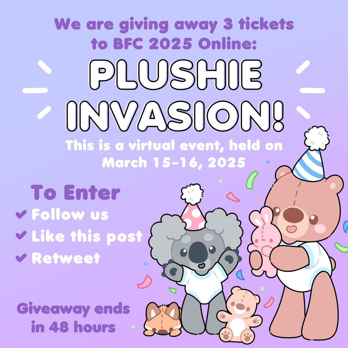 Onesies Downunder (@onesiedownunder) on Twitter photo 🎟️ Win a Ticket to <a href="/BabyfurCon/">Babyfur Con®</a> 2025 Online: PLUSHIE INVASION 🧸
3 Tickets up for grabs—don’t miss out! 🥳
How to Enter:
⭐ Follow us!
⭐ Like this post!
⭐ Retweet this post!
📣 Winners announced: February 22nd at 8:00PM EST on our page & contacted via DM!
🎈 18+ Only, Open 🎟️ Win a Ticket to <a href="/BabyfurCon/">Babyfur Con®</a> 2025 Online: PLUSHIE INVASION 🧸
3 Tickets up for grabs—don’t miss out! 🥳
How to Enter:
⭐ Follow us!
⭐ Like this post!
⭐ Retweet this post!
📣 Winners announced: February 22nd at 8:00PM EST on our page & contacted via DM!
🎈 18+ Only, Open